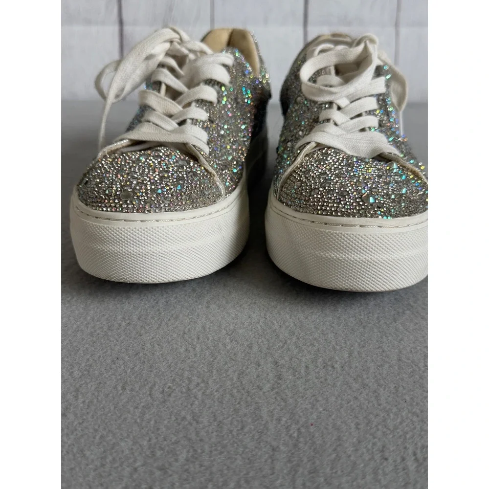 Betsey Johnson Sidny Rhinestone Platform Sneakers Silver Iridescent Sparkle 8.5 - Picture 5 of 10